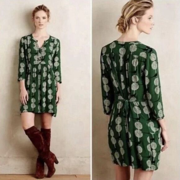 Anthropologie Maeve Devery Green Bird Print Dress XS ASO TV Last Man Standing - Picture 1 of 16